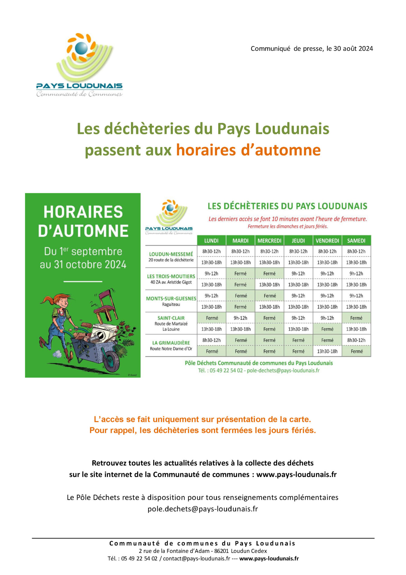 Lire la suite à propos de l’article Les Déchèteries du Pays Loudunais passent aux horaires d’automne